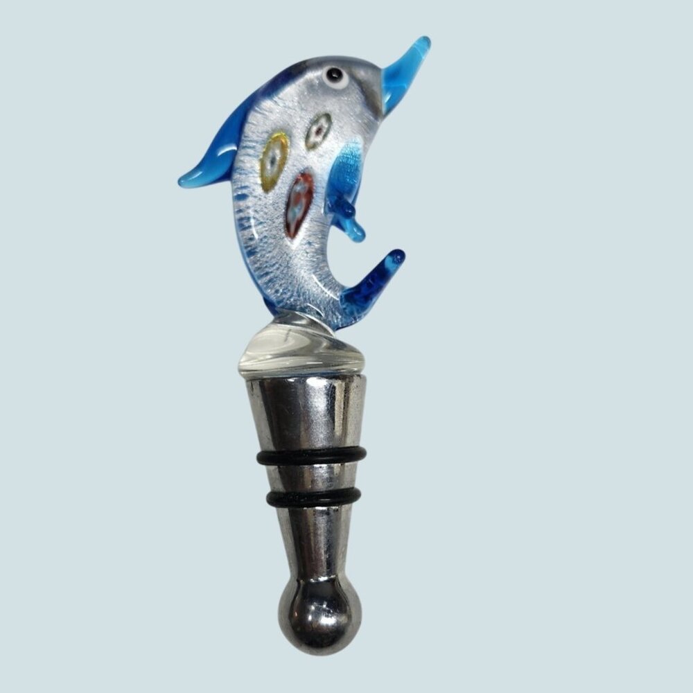 Dolphin Wine Bottle Stopper Cork Blown Glass Handmade In Box Blue Silver